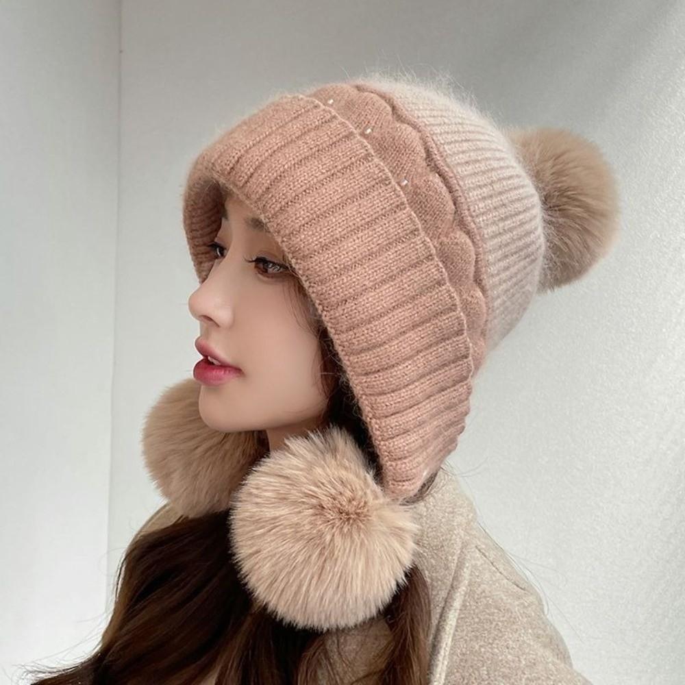 Solid Color Woolen Knitted Cap Windproof Ear Protection Hat Fashion Plush Beanie Hat  Riding