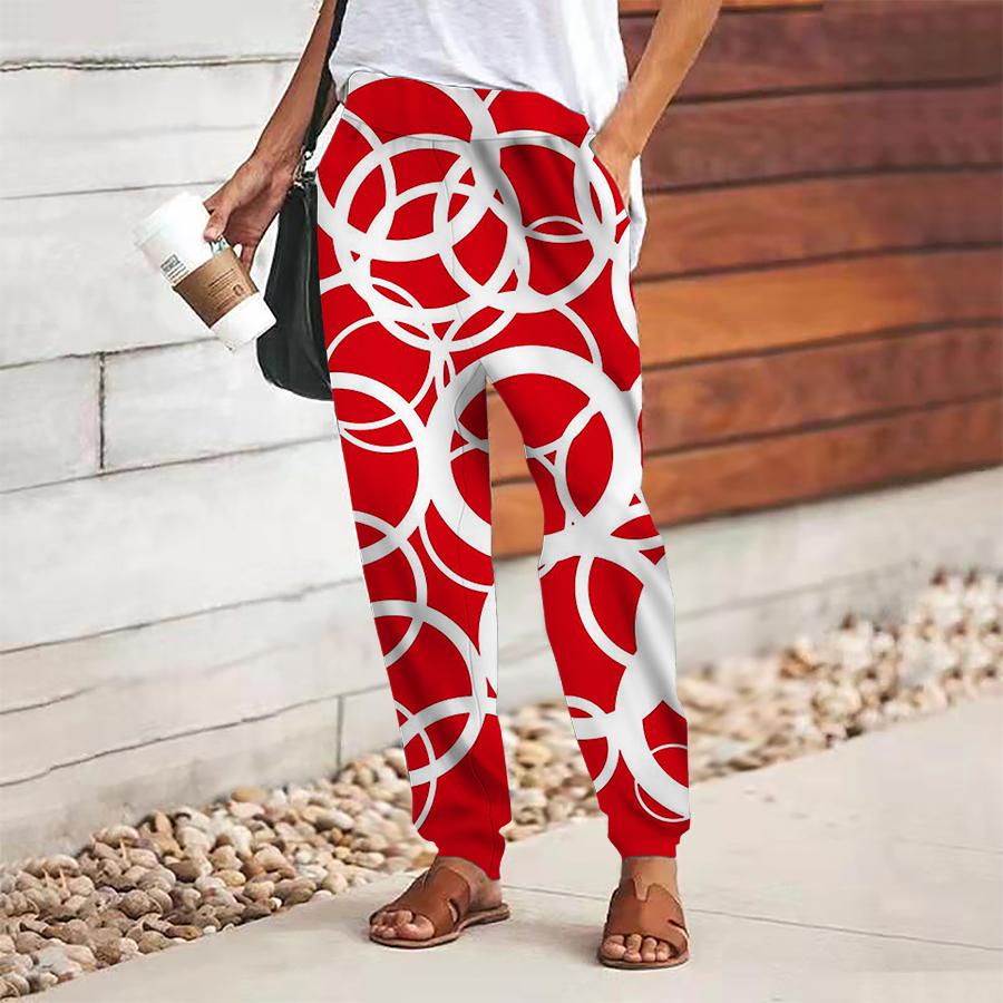 

Women Geometry Printing Pants Lace Up Elastic Waist Loose Trousers Casual Long Pants Trousers with Pockets XS красный