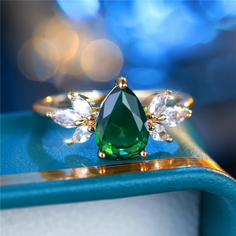 Cute Female Green Zircon Stone Water Drop Ring Charm Gold Color Wedding  For Women