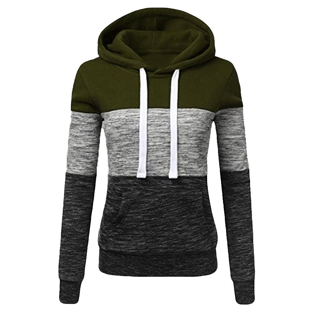 Fashion Womens Casual Hoodies Sweatshirt Patchwork Ladies Hooded Blouse Pullover