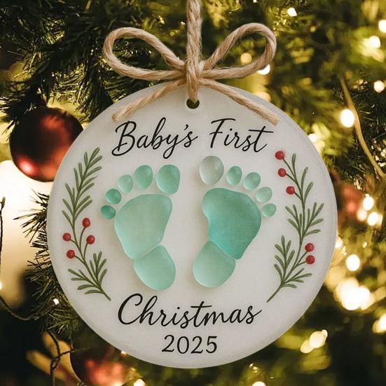 Baby's First Christmas Sea Glass Ornament Baby's Footprint Keepsake for Newborn Girl Boy Gift Coastal Christmas Tree Ornament for Home Decor