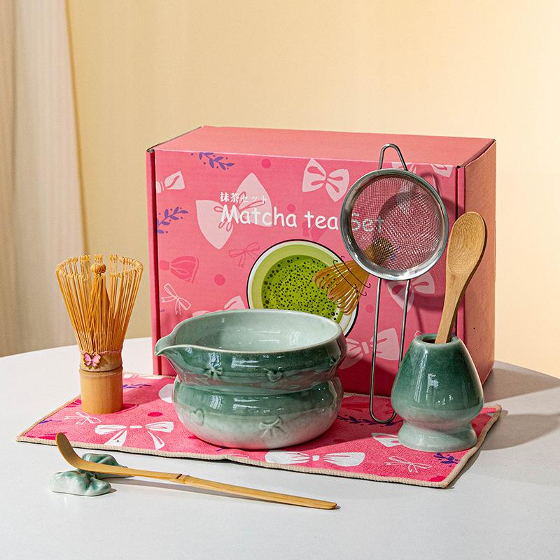 

8pcs Authentic Japanese Tea Ceremony Set - Pink Ceramic Matcha Bowl with Whisk Stand 50ml