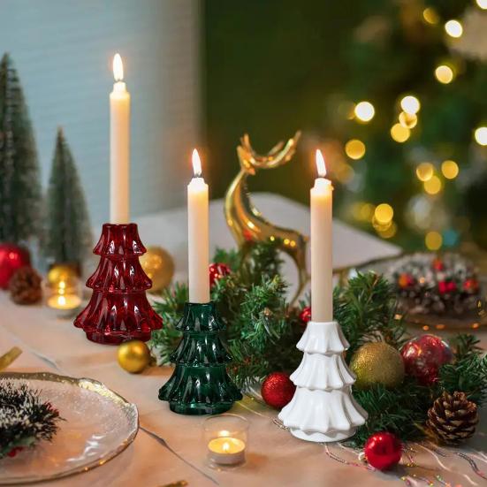 Christmas Tree Candlestick Glass Pillar Candle Holder Vintage Ribbed Taper Candle Holder for Festive Dining Table Decoration