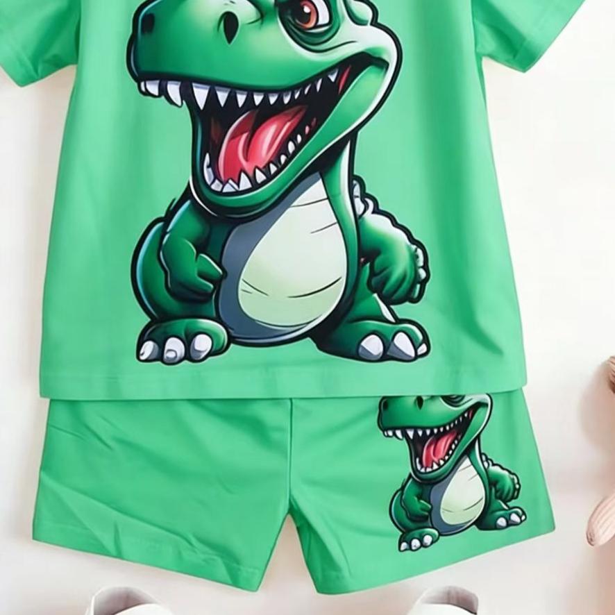 Toddler Boys Cartoon Dinosaur 2 Piece Outfit, Summer Short Sleeve Set for Kids, Comfortable Playwear & Daily Clothes
