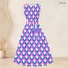 Women Plus Size Two Piece Outfit Round Neck Sleeveless Tie Waist Flared Dress Three Quarter Sleeve Open Cardigan Geometric Printed Pink Black White