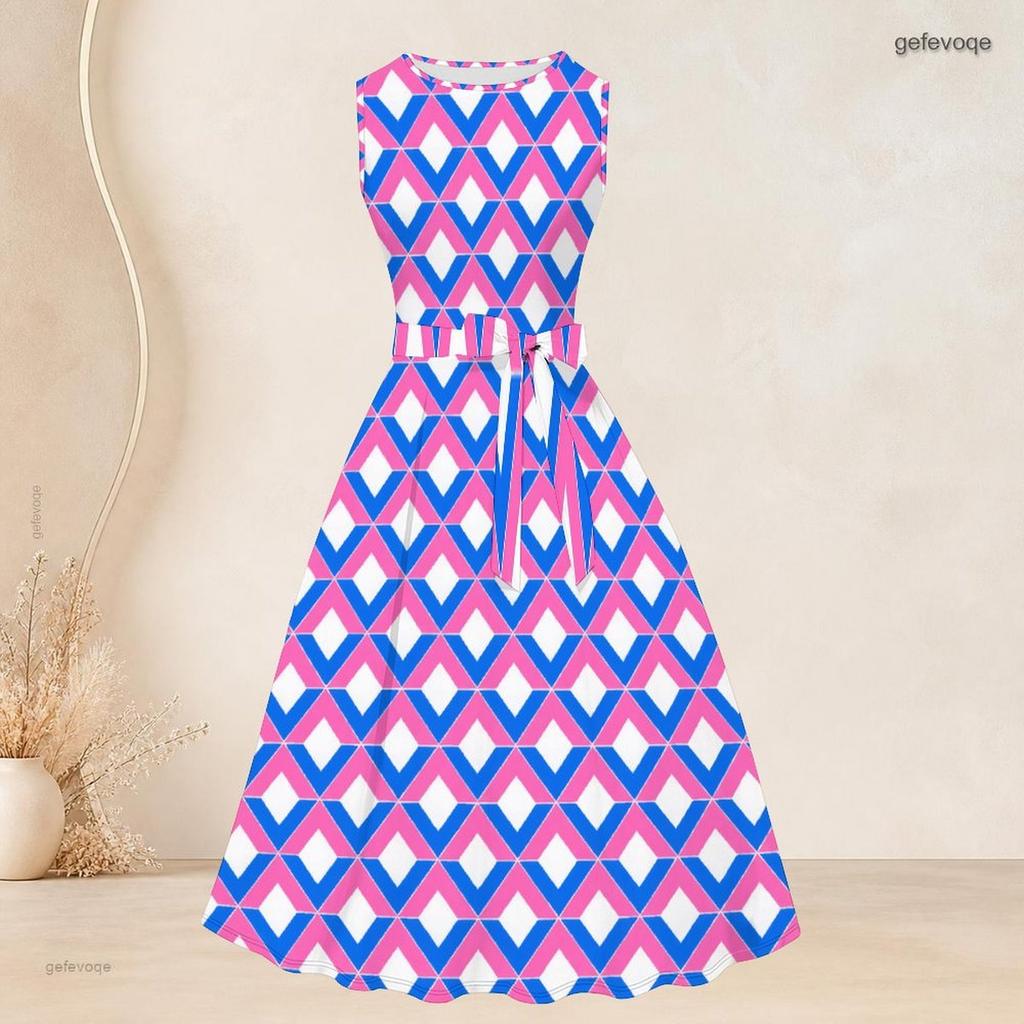 Women Plus Size Two Piece Outfit Round Neck Sleeveless Tie Waist Flared Dress Three Quarter Sleeve Open Cardigan Geometric Printed Pink Black White