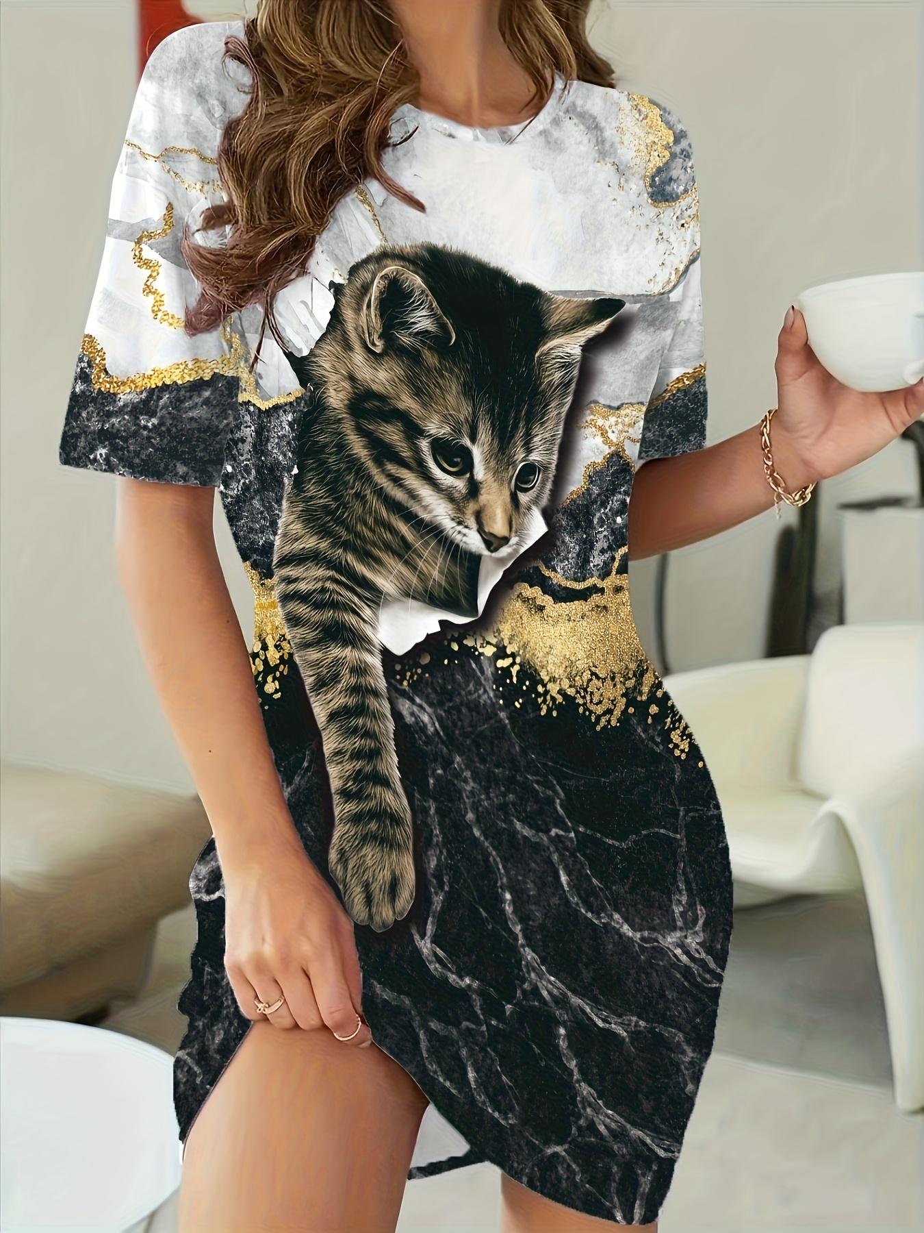 

Ladies Adorable Cat Print Short-Sleeve Dress with Marble Pattern XS дубильная кора
