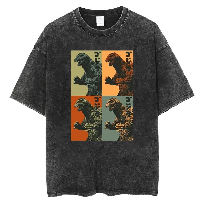 Godzilla 2026 New Hot T-Shirt Godzilla Monster Washed Old Cotton Vintage Loose T-Shirt Y2k Men T-shirt Short Sleeve Shirts S