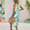Women Plus Size U Neck Sleeveless Green Beige Tropical Leaf Printed High Side Slit Dress