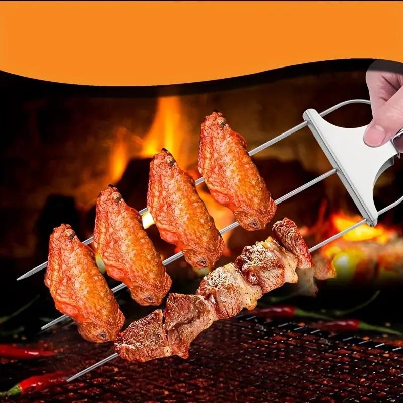 Stainless Steel BBQ Kebab Skewer with Slider Reusable Barbecue Skewers Easy Release Meat for Outdoor Grilling Camping Picnic