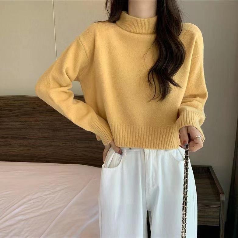 Korean-style Solid-color Sweater for Women In Autumn and Winter Half Turtleneck Pullover with Long-sleeved Knitted Sweater