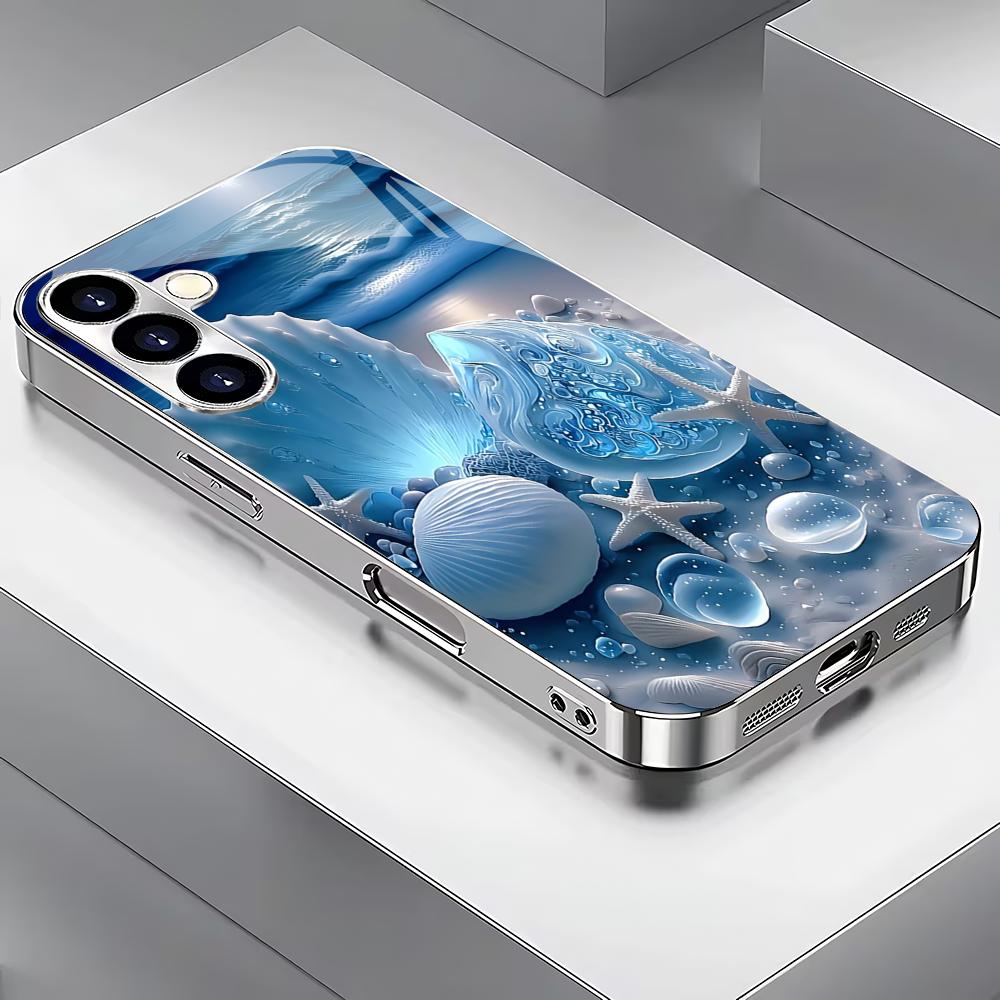 Blaue Muschel galvanisierte Glas Handyhülle geeignet für Samsung Galaxy S26 S25 S24 S23 S22 S20 FE/Ultra/Plus Anti-Drop-Rückabdeckung