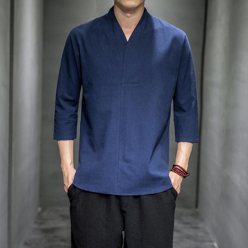 2025 Men's Retro Cotton Linen T-Shirt – Chinese & Japanese Style, Short & Seven-Sleeve, Plus Size, Solid Color