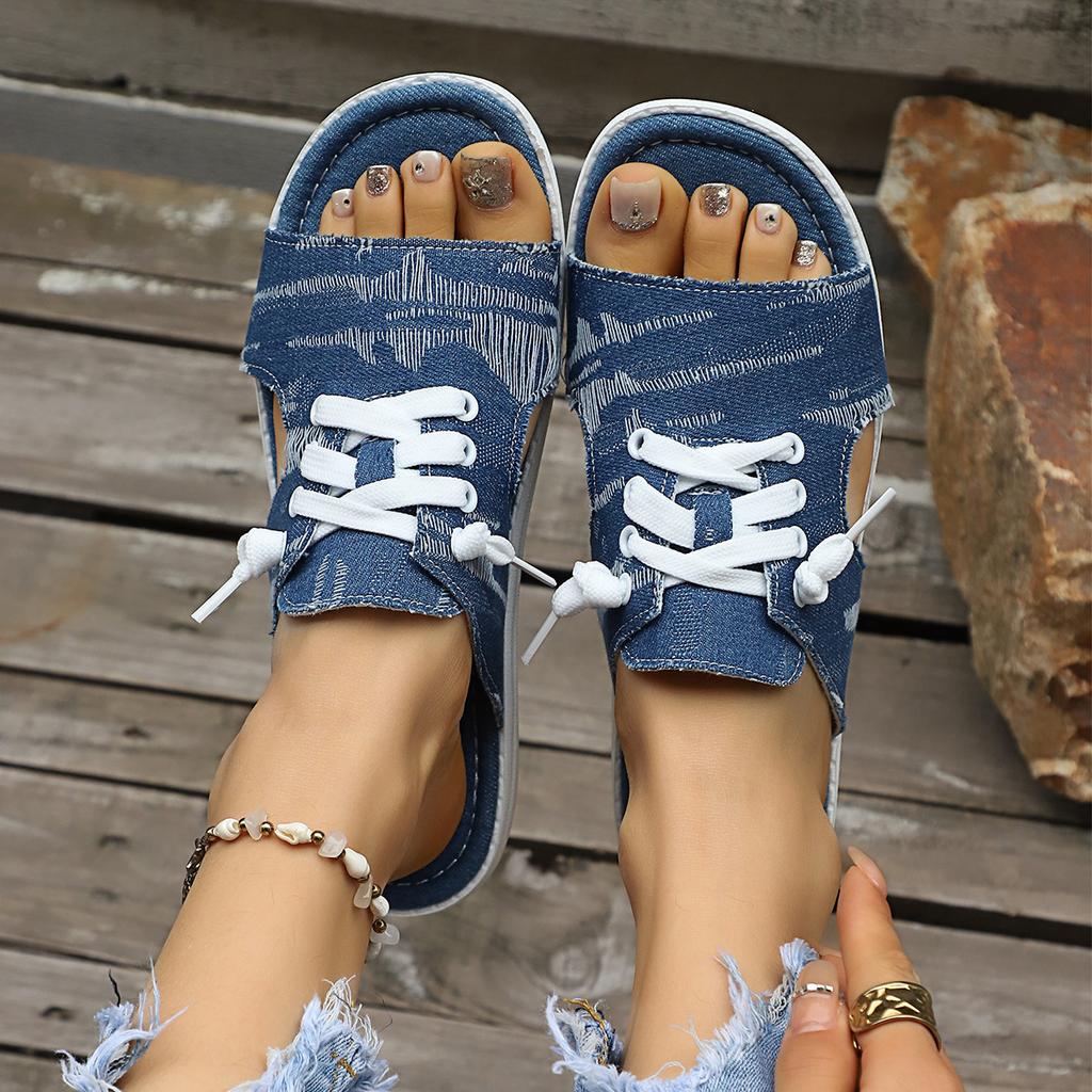 Summer New Large-sized Denim Fabric Lace-up Slip-on Sandals for Women - Round Toe Flat Casual Sandals
