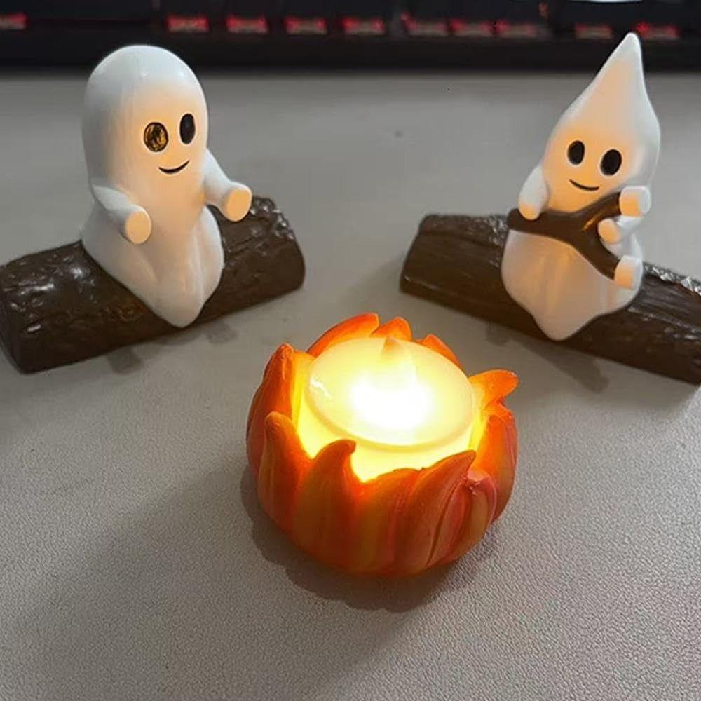 LED Campfire Scene Ghost Campfire Nightlight Small Electric Faux Spooky Fire Marshmallow Halloween Party Decor Cute Ghost