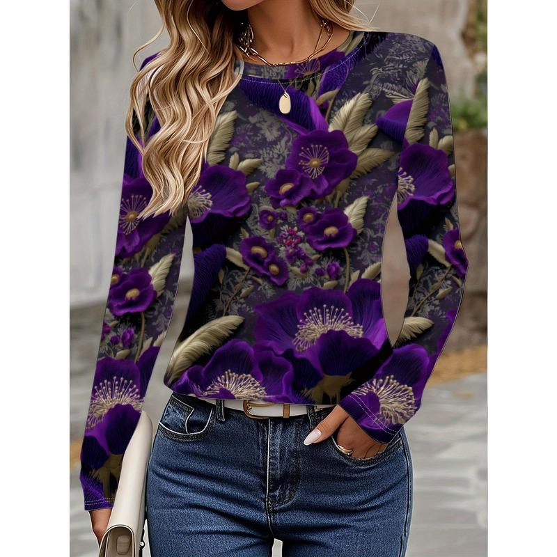 

Round Neck 3D Flower Printed Top Casual Long Sleeved Women s T-shirts - Soft Medium Stretch Polyester Fabric Spring and Autumn Relaxed Fit Clothing XL