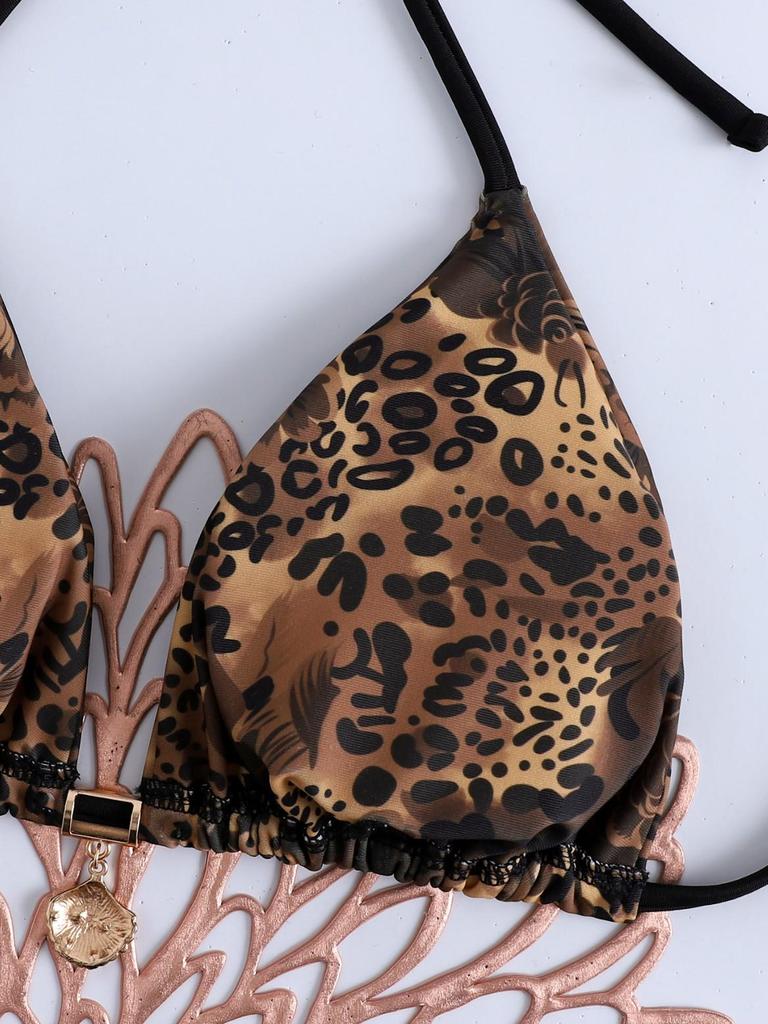 Cross-Border Sexy Leopard & Lace Thong Bikini with Shell Pendant