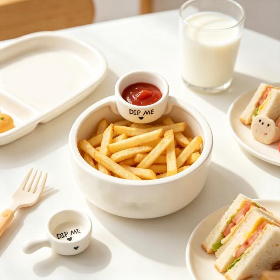 Small Dish for Dips And Snacks French Fries Bowl with Sauce Dipping Compartment, Heat Resistant Ceramic Snack Server, Microwave Safe Dual Section