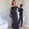 2025 Autumn European & American Women's Off-Shoulder Sexy Bodycon Dress with Ruched Side Slit