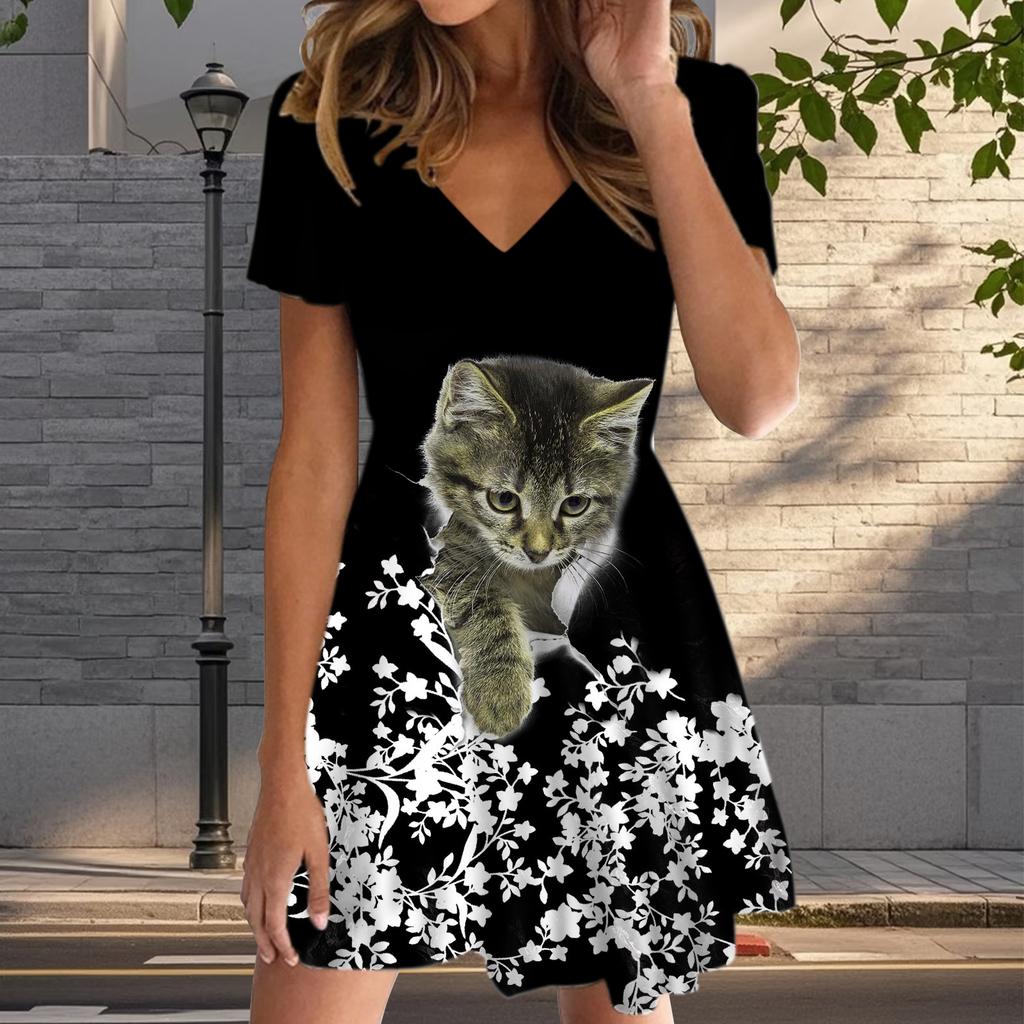 Summer Fashion Women's V Neck Short Sleeve Cute Kitten Printed  Dress Sex Short Skirt Dresses