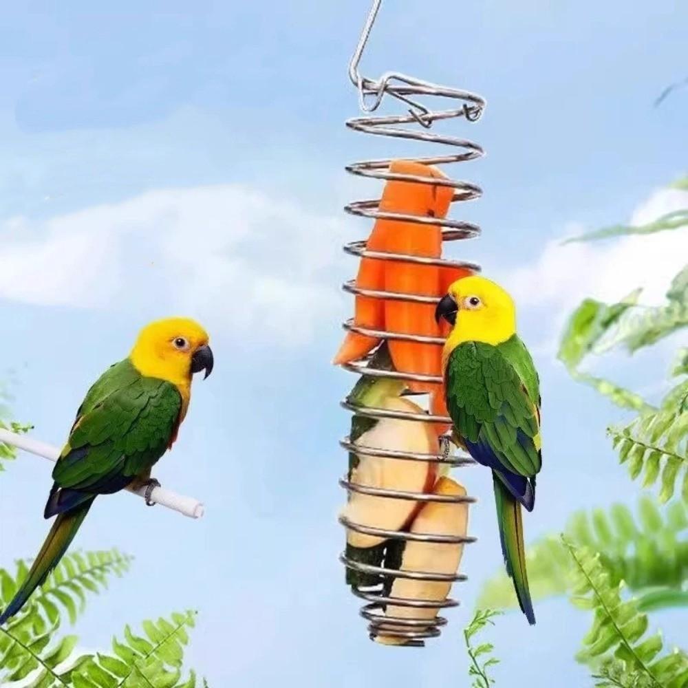 Durable Stainless Steel Bird Feeding Rack Spiral Bite Resistant Parrot Foraging Toy Portable Feeding Hanging Basket Backyard