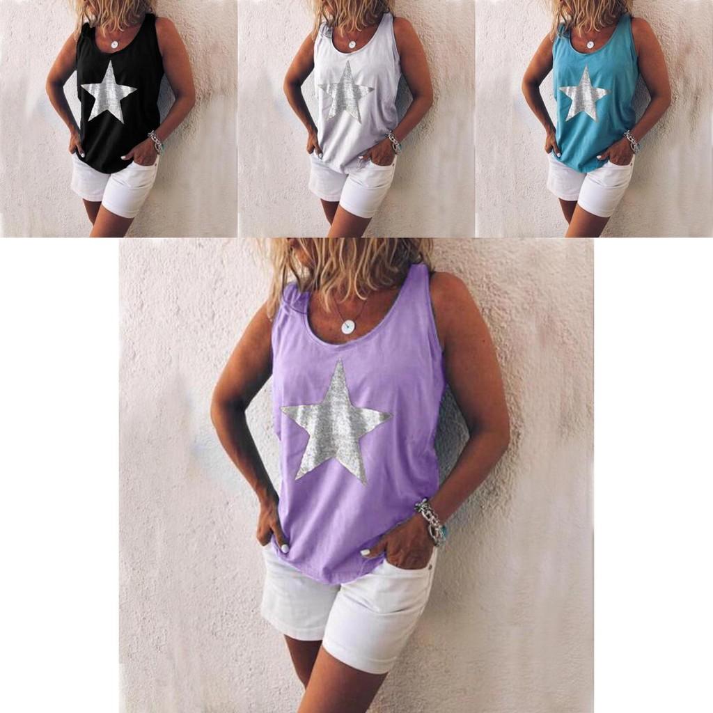 Stylish Plus Size Women Sleeveless Star Print T-shirt In Five Vibrant Colors