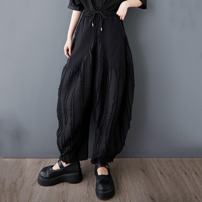 Plus Size Black Vintage Stripe Patchwork High Waist Casual Loose Summer Harem Pants Women Trousers