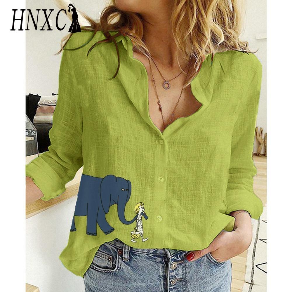 HNXC Women's Fashion Casual Blue Elephant Print Long Sleeve POLO Neck Blouses & Shirts