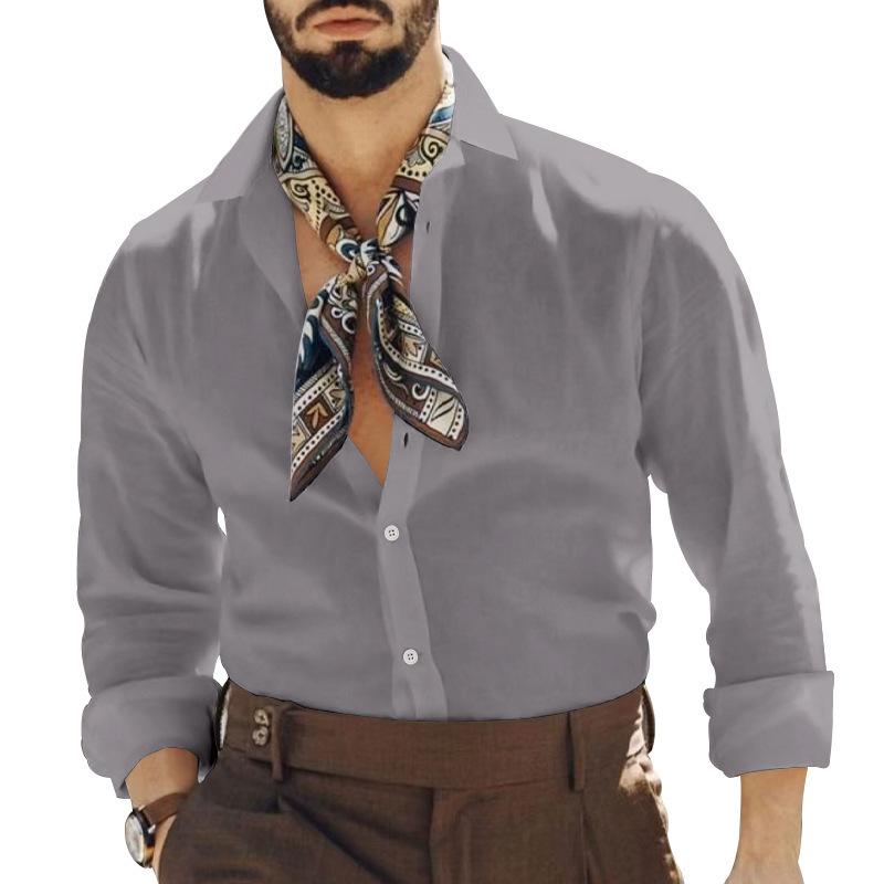 Plus Size Cotton-Linen Blend Spring/Summer New Arrival Men's Casual Collared Solid-Colour Long-Sleeved Shirt