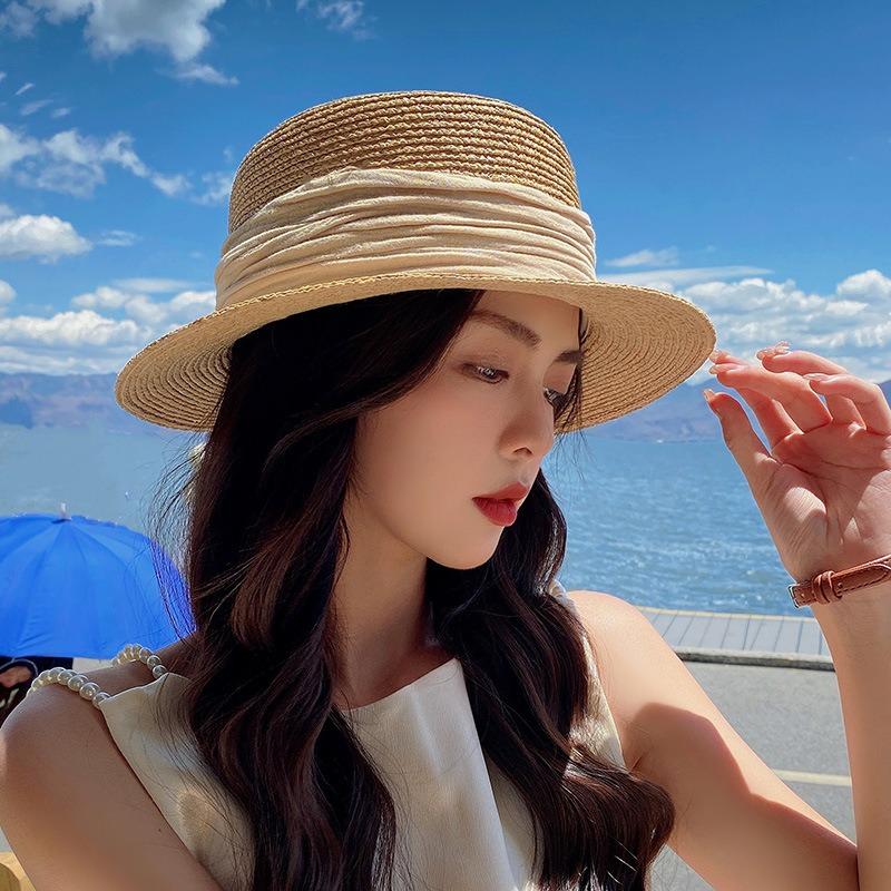 New summer women's flat top hat, thin hat, fashionable and simple outdoor sunshade vacation beach hat