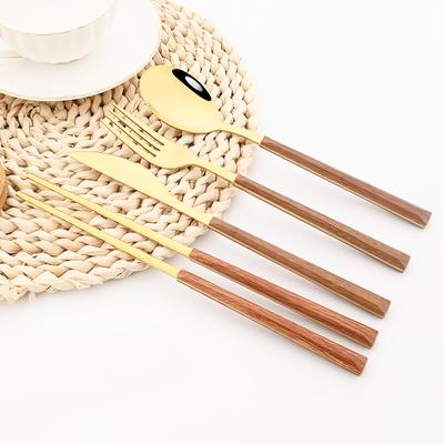 12/16Pcs Dinnerware Set Imitation Wooden Handle Cutlery Set Chopsticks Knife Fork Spoon Tableware Set Korean Silverware