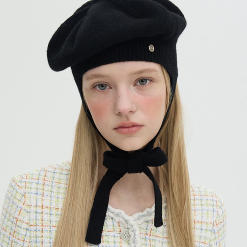Brown Hat Tricot Ribbon Beret - Black