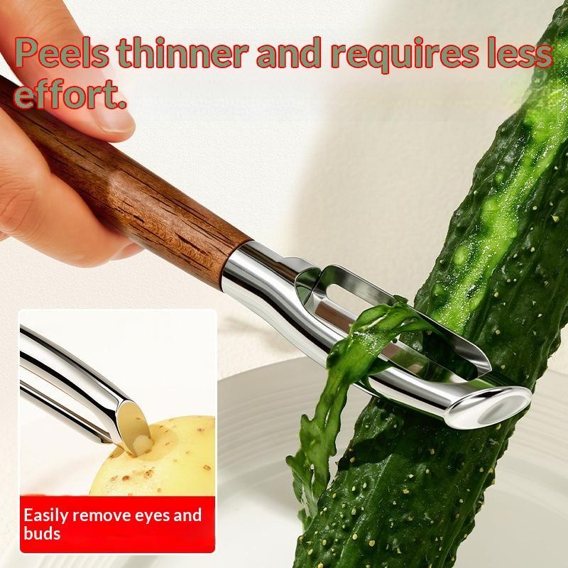 Heavy Duty Stainless Steel Acacia Wood Peeler Sharp Blade Potato Fruit Melon Vegetable Scraper for Professional Chef
