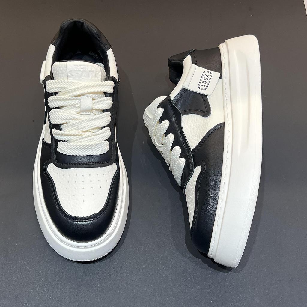 Autumn 2025 Men's Genuine Leather White Sneakers: British Style, Thick Sole, Casual, High-End Fashion