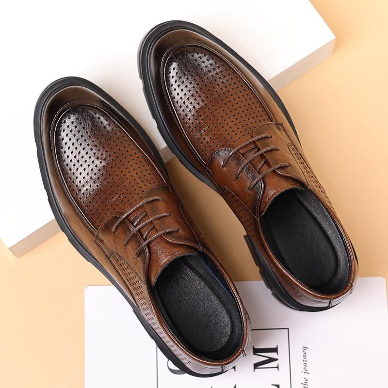 Wenzhou Leather Shoes Men's Summer Hollow Business Heightening 8CM Dress Leather Shoes Hand Scratch Fashion Groom Wedding Shoes Tide