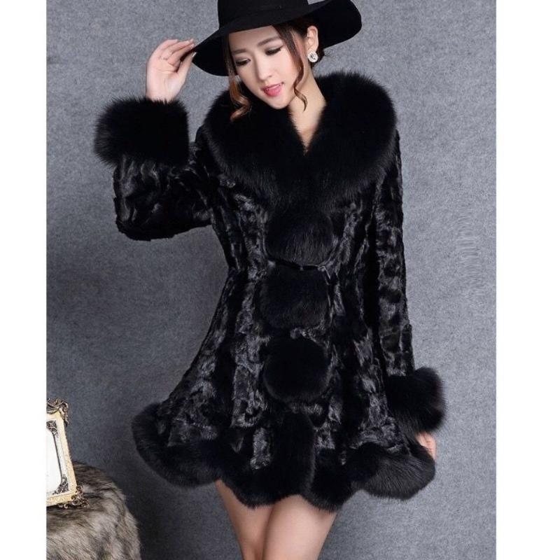 New Imitation Mink Coat Fur Coat Medium and Long Imitation Fox Fur Collar Women Winter Thickened Medium