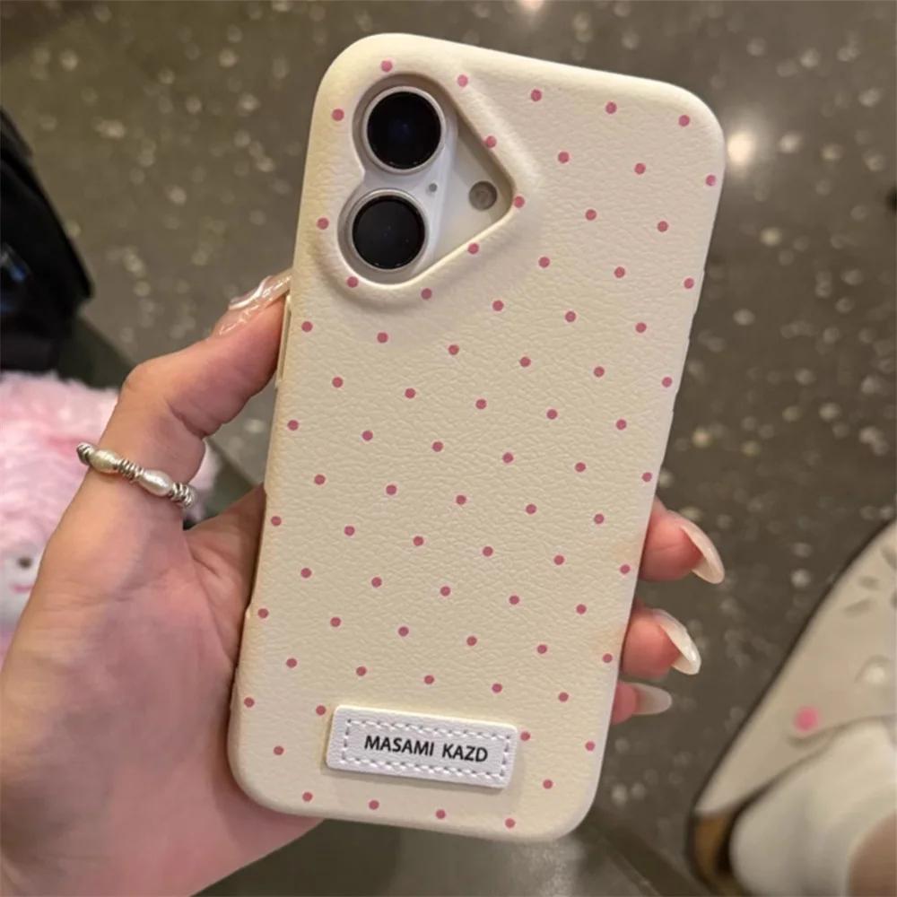 Korean Cute Love Heart Shape Camera Dots Leather Case For iPhone 17 Air 16 Pro 15 14 13 12 Pro Max Japan Kawaii Girl Soft Cover