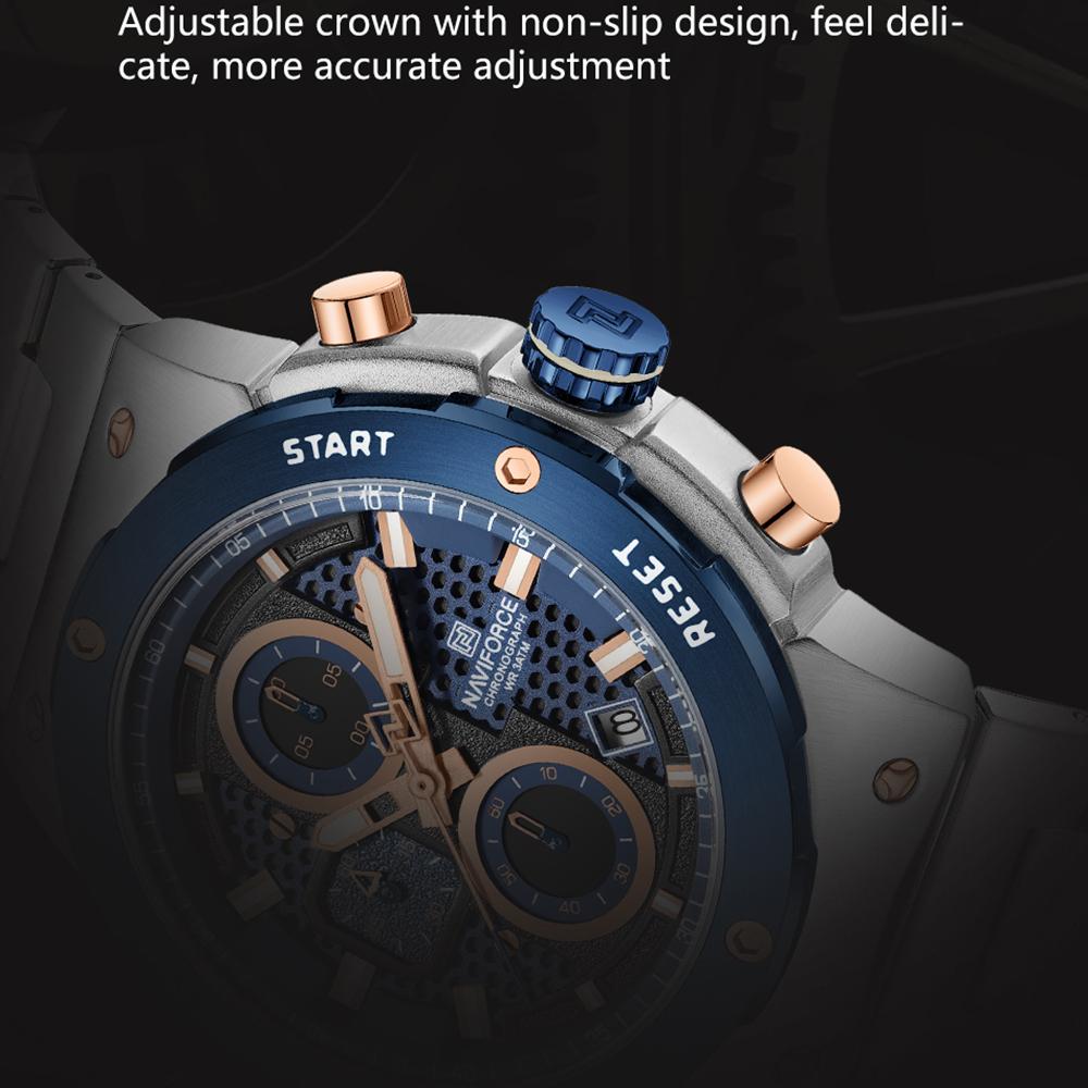 Naviforce Męski Zegarek Kwarcowy Wskazówkowy Stoper Chronograf Wodoodporny Pasek Ze Stali Nierdzewnej Kalendarz Luminescencyjny Męski Chłopięcy Modny Zegarek Casualowy NF8072