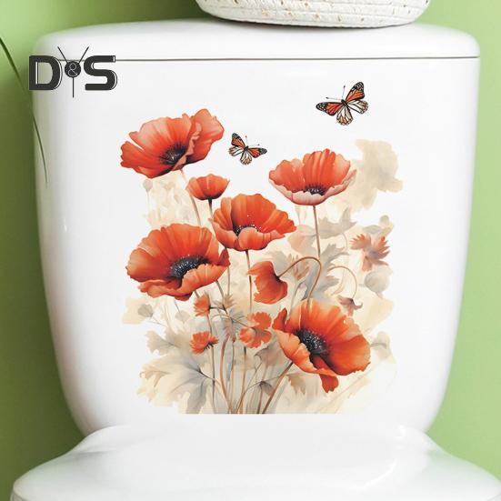Red Flower Butterflies Toilet Sticker Removable Self-adhesive Waterproof PVC Living Room Bathroom Wall Art Floral Toilet Lid Decoration Decal
