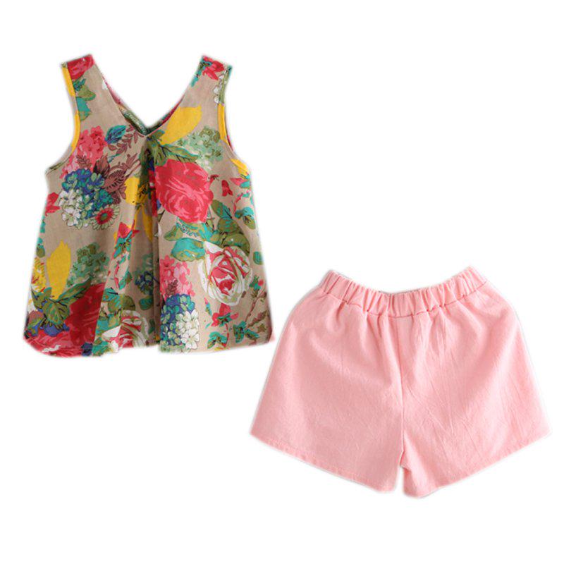 2-6Y Baby Girls Floral Cotton Linen Tops Sleevsless Dresses+Shorts Summer Sets