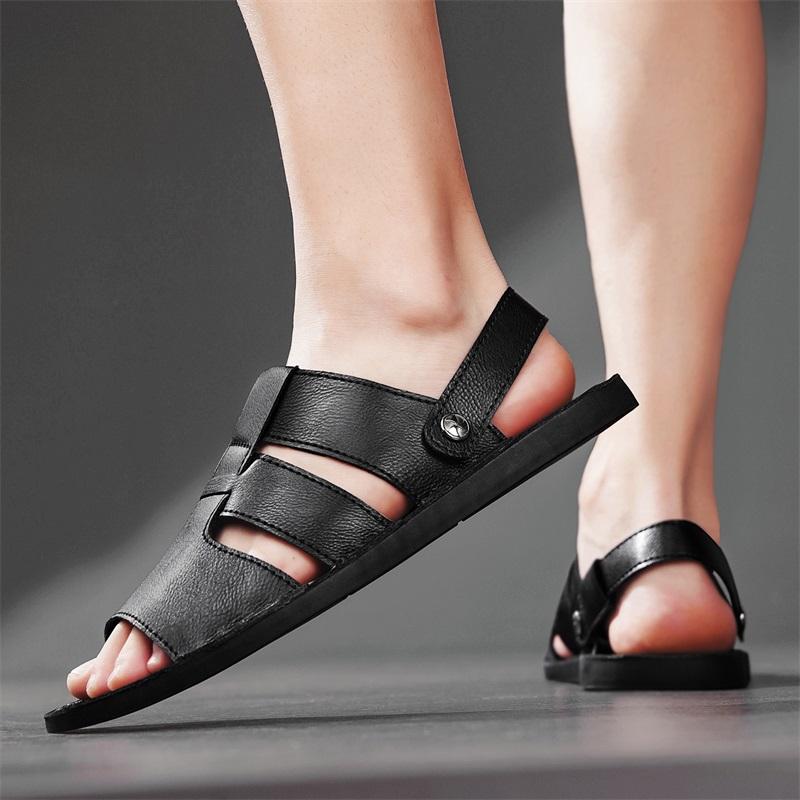 Men Handmade Simple Flats Sandals Summer Roman Sandals Retro Black Brown Leather Open Toe Beach Shoes Plus Size