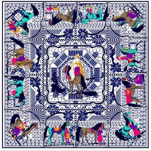 130CM Silk Scarf Women Large Shawls War Horse And Knight Print Stoles Square Bandana Kerchief Scarf Female Foulards