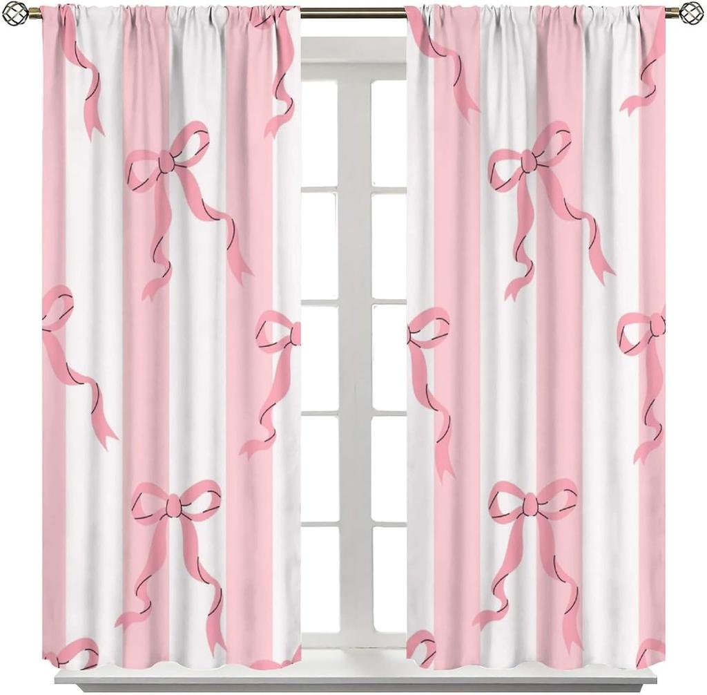 Stripe Curtains Red Ribbon Bow Stripes White Pink Background Window Treatments Insulated Drapes Panels Thermal Made Of Polyester