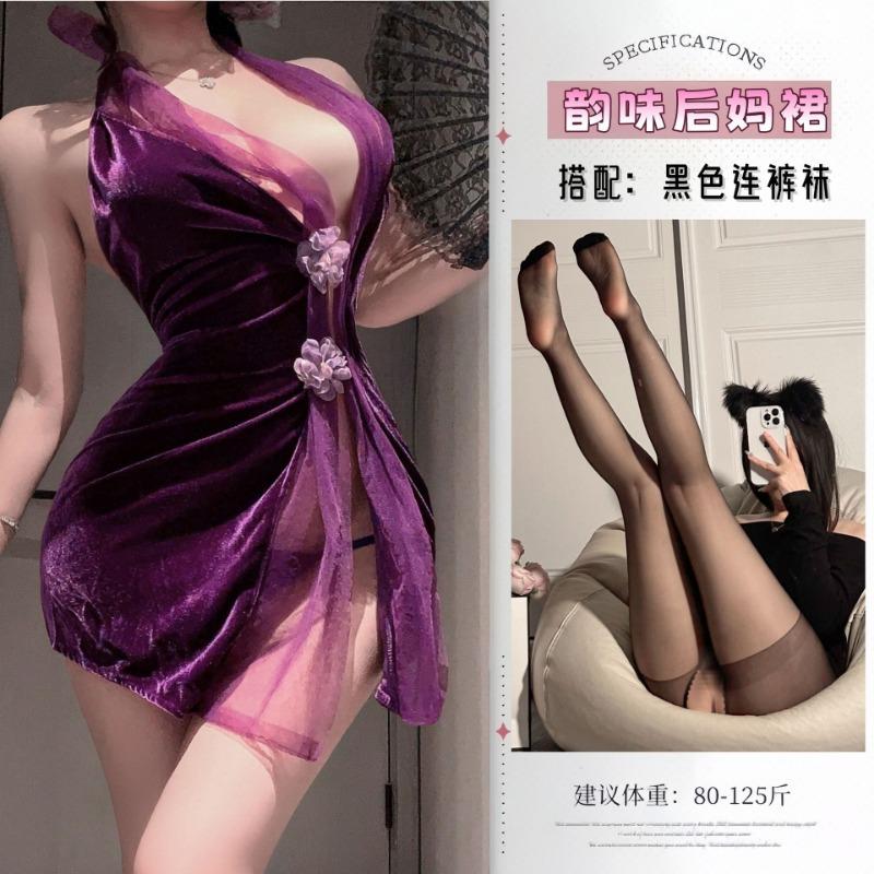 Sexy Seduction Purple Uniform Open Sheet Bed Free Pure Erotic Lingerie Pajamas Naked Back Lady Velvet Flowers