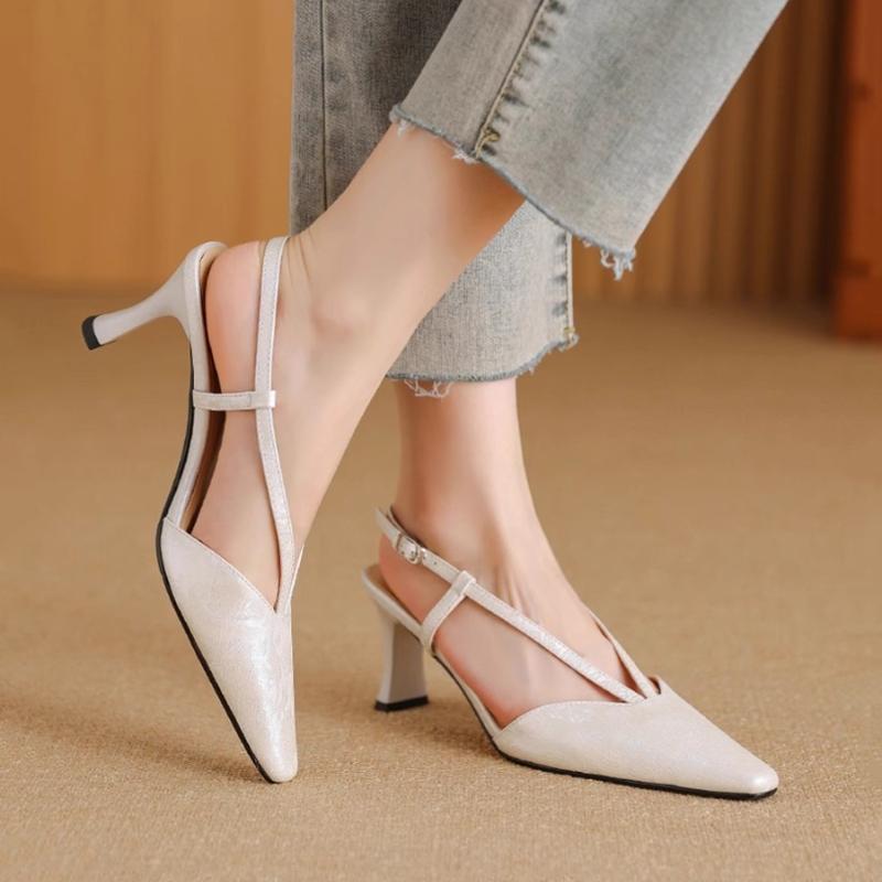 Fashion Pointed High Heels Women's Summer Baotou Shallow Mouth Set Foot Fabric Metal Buckle A Word Belt Wear-resistant High Heels
