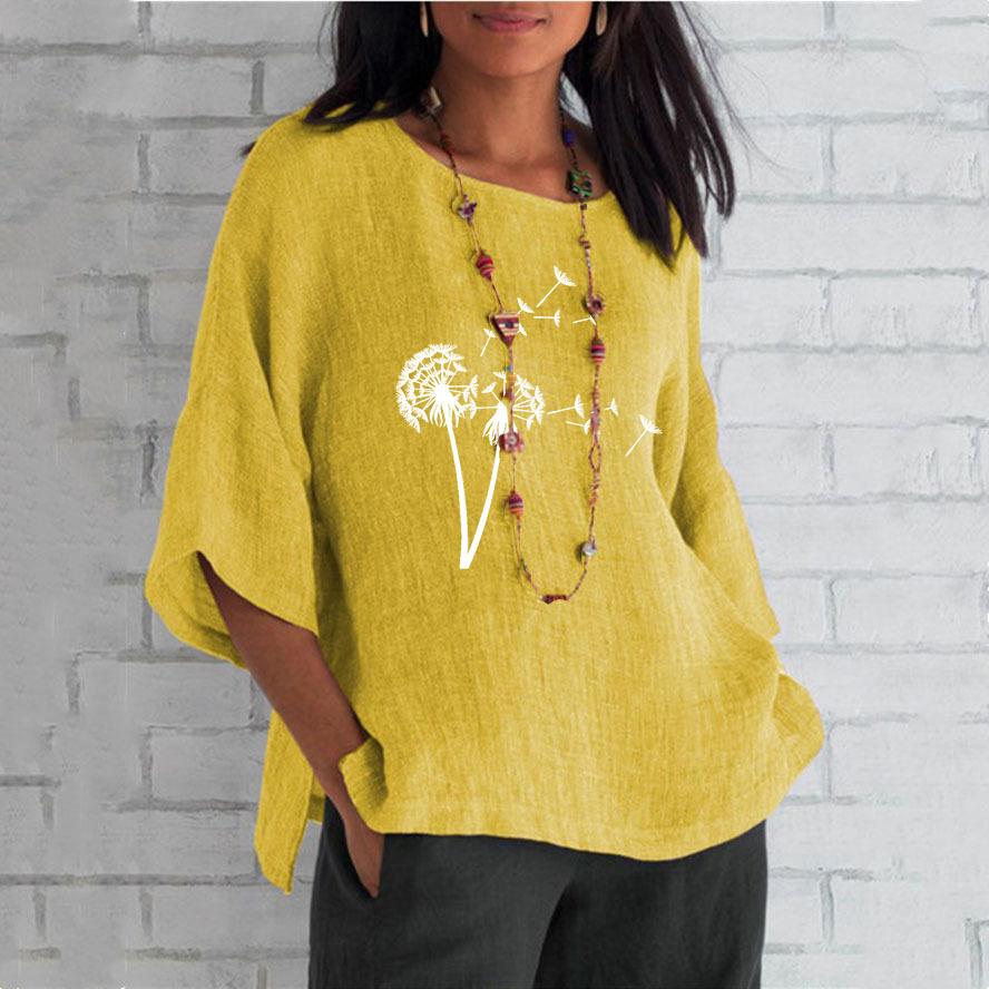 Personalized Dandelion Printed Seven Sleeve Round Neck Sheep Linen Shirt Women's Tops Plus Size