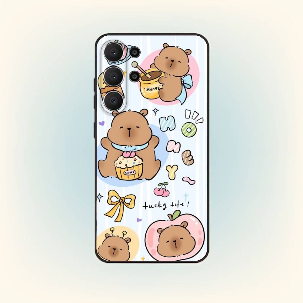 

H-Happy C-Cute Capybara Cartoon Phone Case For Samsung S26,S25,24,23,22,30,21,10,9,Ultra,Plus,Lite,Black Soft Case Samsung S25Plus