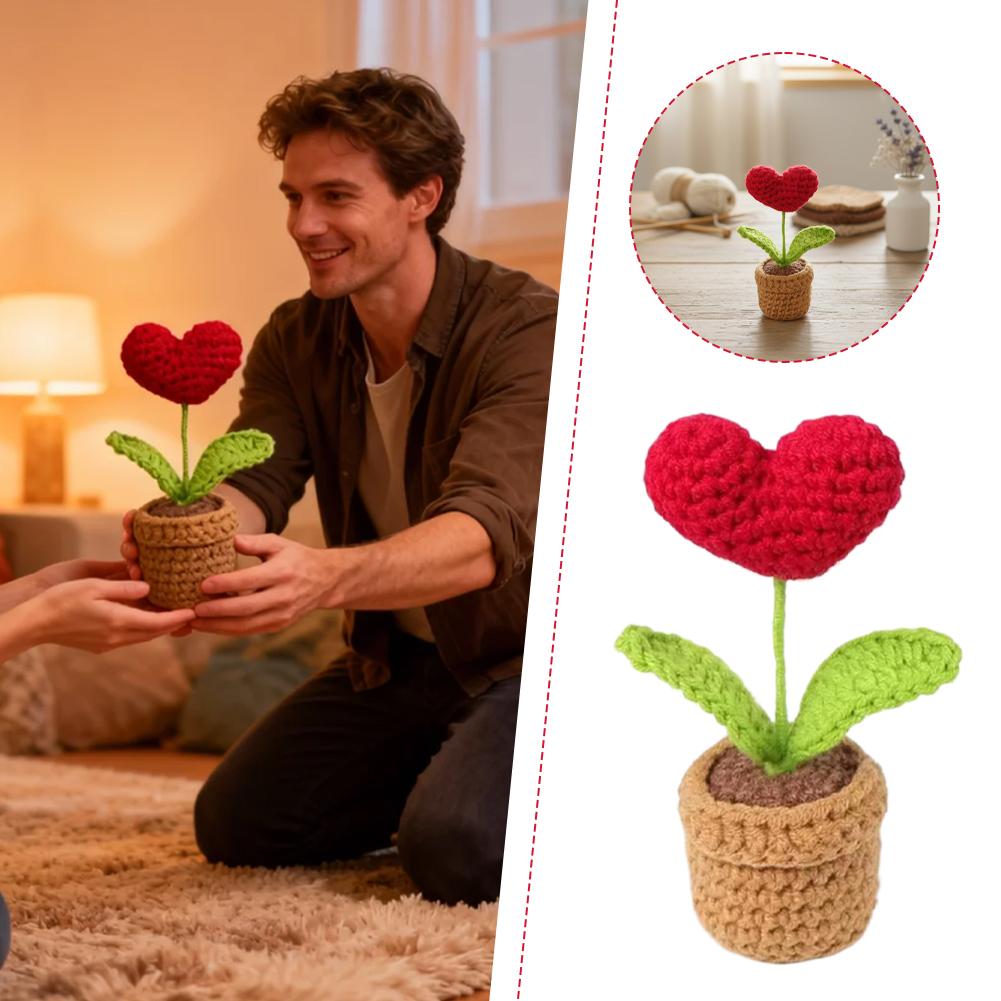 1pcs Crocheted Potted Plant Artificial Flower Heart Decor Knitted Mini Flower Desktop Home Decoration Creative Gift Ornament