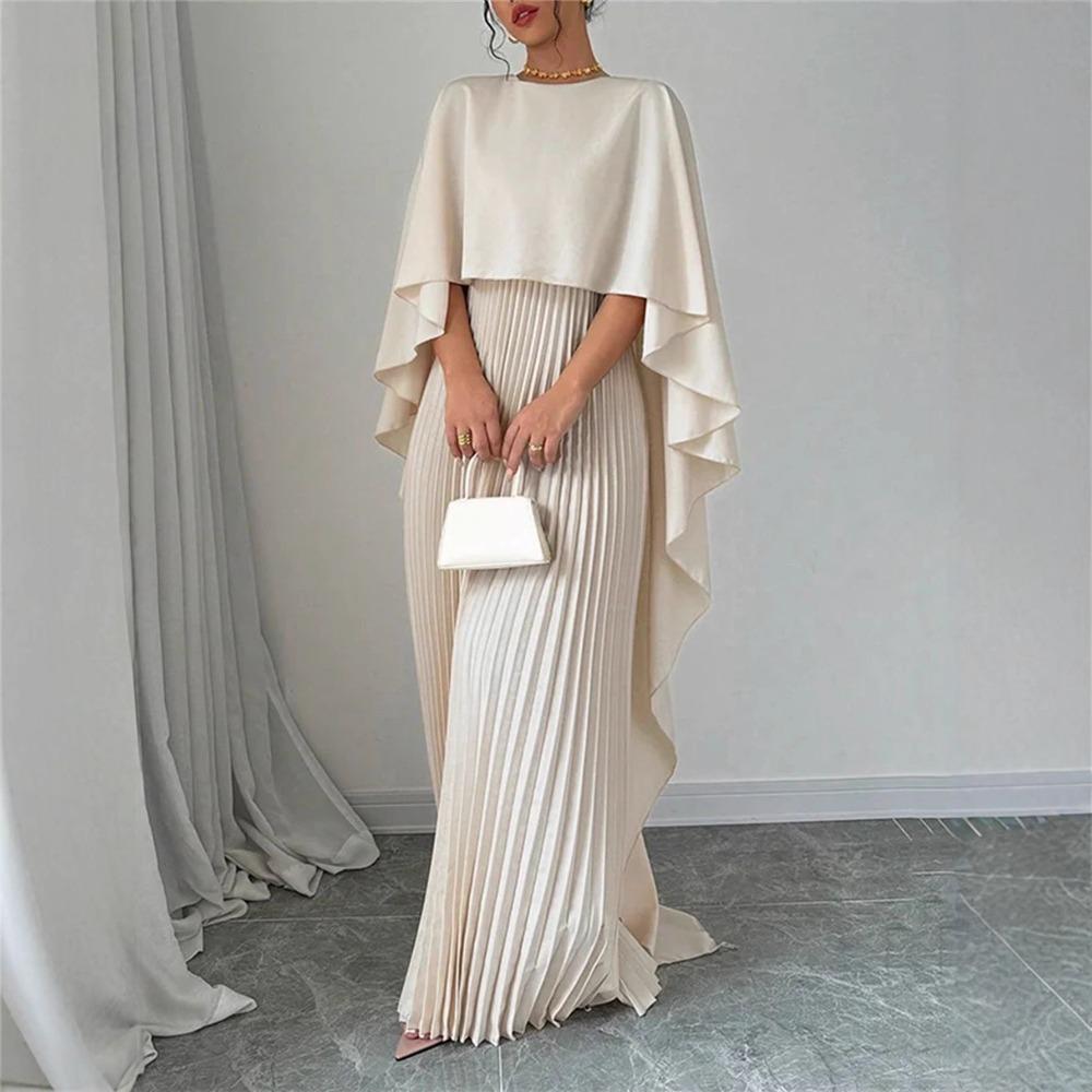 Women's Round Neck Cape Batwing Sleeve Two Piece Maxi Dress Loose Fit Mid Waist Pleated Irregular Elegant Formal Evening Gown