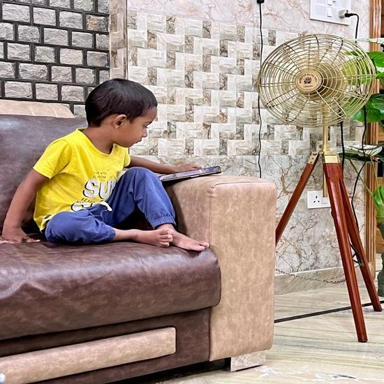 Floor Fan Nautical Modern Brass Finish with Brown Wood Tripod Pedestal Floor Fan Retro Industrial Modern Twist with Unique Design Decor